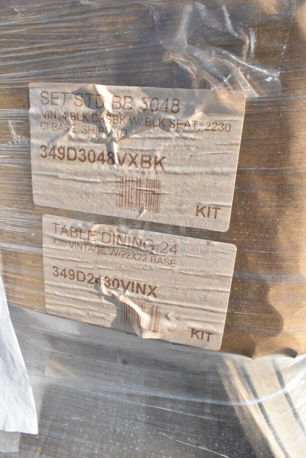 6 BRAND NEW Boxes Including 164CUSHMTLBK Lancaster Table & Seating 2 1/2" Black Vinyl Padded Seat for Metal Frame Seating, 164CCROSSFR Cross Back Chair, 349D3048VXBK Lancaster Table &amp; Seating 30" x 48" Rectangular Standard Height Wood Butcher Block Table with 4 Black Cross Back Chairs - Vintage, 349D2430VINX Lancaster Table &amp; Seating 24" x 30" Rectangular Standard Height Wood Butcher Block Table with Vintage Finish and Cast Iron Cross Base Plate. 6 Times Your Bid!  - Image 6 of 7
