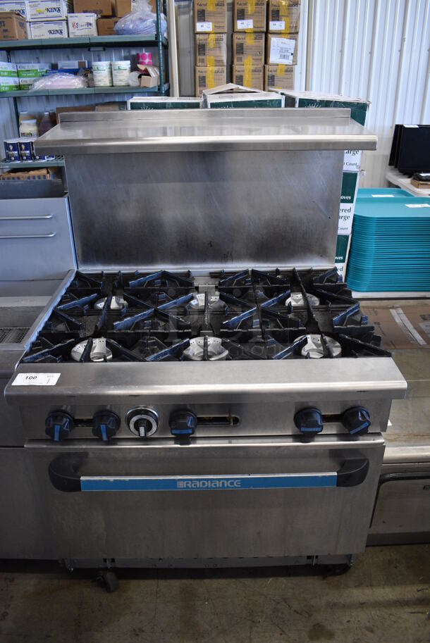 Radiance Stainless Steel Commercial Propane Gas Powered 6 Burner Range w/ Oven, Over Shelf and Back Splash on Commercial Casters. 36x32x56