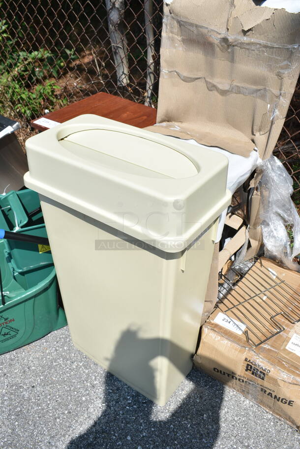 4 BRAND NEW SCRATCH AND DENT! Items Including 475WH23BG Lavex 23 Gallon Beige Slim Trash Can, 164VYBARSTES Lancaster Table & Seating Vineyard Series Whiskey Brown Wood Outdoor Cross Back Bar Stool, Lavex Green Mop Bucket, Wood Pattern Stool. 4 Times Your Bid!  - Image 2 of 12