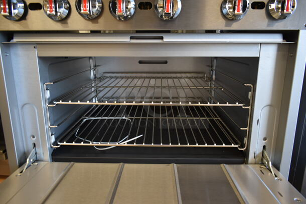 BRAND NEW SCRATCH AND DENT! Cooking Performance Group CPG 351S36SUL Stainless Steel Commercial Propane Gas Powered 2 Tier 6 Burner Range w/ Oven, Back Splash and Over Shelf. 210,000 BTU. Tested and Working! - Image 5 of 7