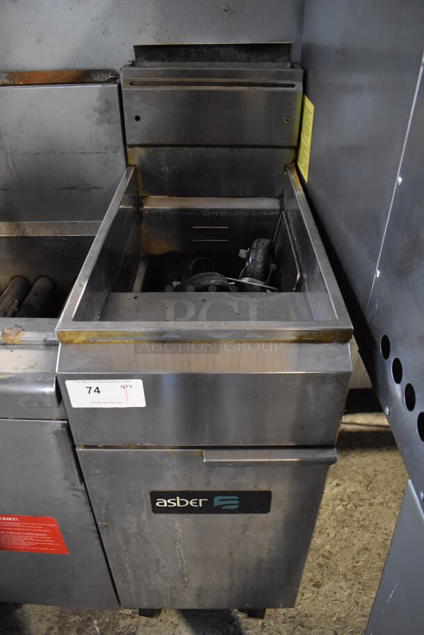 2019 Asber AEF 40-50 Stainless Steel Commercial Floor Style Natural Gas Powered Deep Fat Fryer on Commercial Casters. 15.5x32x50