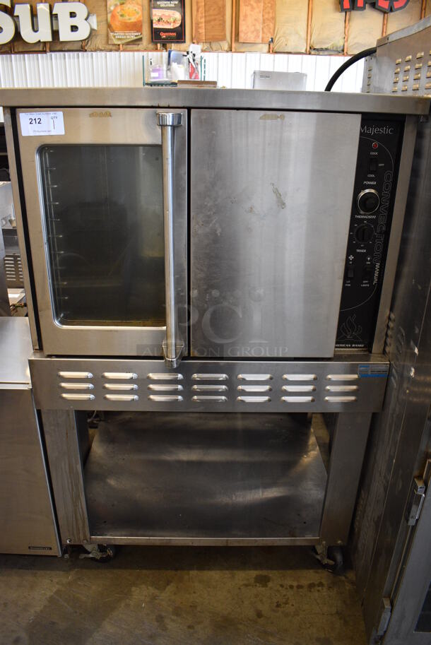 American Range Majestic Stainless Steel Commercial Natural Gas Powered Full Size Convection Oven w/ View Through Door, Solid Door, Thermostatic Controls and Under Shelf on Commercial Casters. 40x34x64