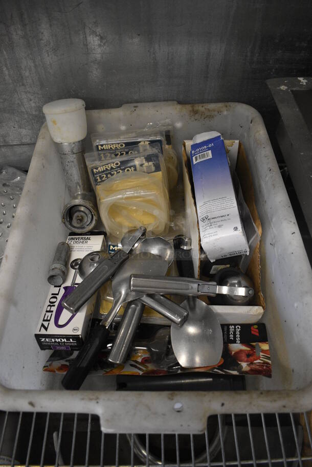 ALL ONE MONEY! Lot of Various Items Including Spades, Scoopers, Meat Grinder, Mirro Seals in White Poly Bin!
