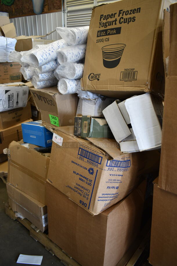 PALLET LOT of 22 BRAND NEW Boxes Including 760IC06P Choice 6 oz. Pink Paper Frozen Yogurt / Food Cup - 1000/Case, 9506004 8 oz PET Dessert Containers, 12218X5ECOST Aluminum Foil, 482-001 54" x 108" White Tissue / Poly Table Cover - 25/Case, Dart C35UT1 StayLock&#174; 9" x 5 3/8" x 3 1/2" Clear Hinged Plastic 9" Medium Oblong Container - 250/Case, 999FFMEDSQWH Choice 5.5 oz. Medium White Paper Scoop / Tray - 50/Pack, Zurn Unit, T024CHC. 22 Times Your Bid! - Image 1 of 12