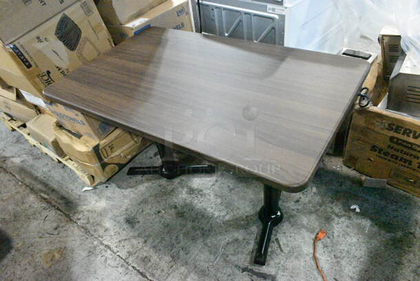 2 BRAND NEW SCRATCH AND DENT! Wood Pattern Dining Height Table on 2 Black Metal Straight Leg Table Base. 2 Times Your Bid! - Image 1 of 7