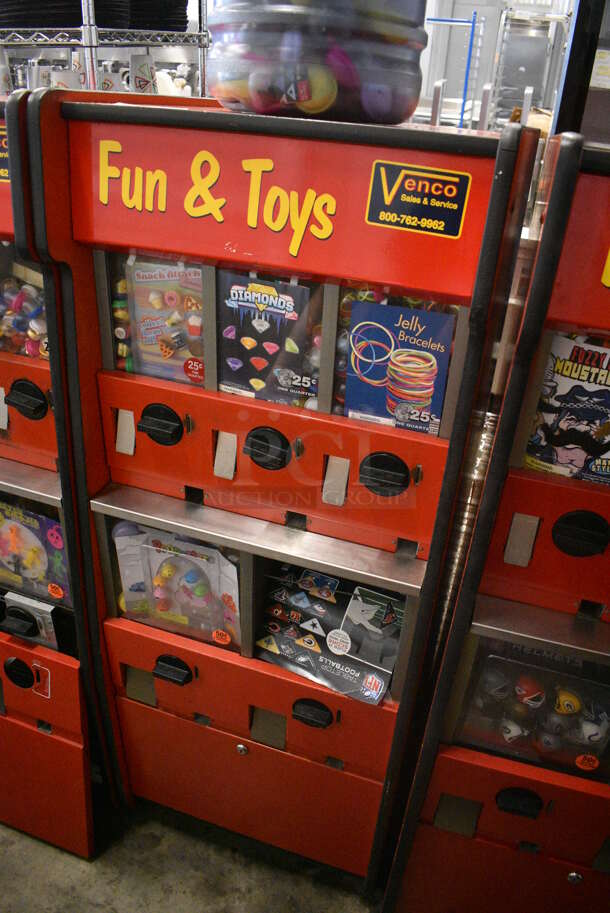 Red Floor Style 5 Compartment Toy Vending Machine w/ Ice Bucket of Extra Items. 22x23x27 - Image 2 of 5