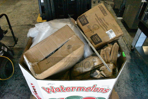 15 BRAND NEW Boxes Including 642TS Solo Lids, 1501405NAT Choice 2 3/4" x 10" Kraft Disposable Silverware / Bakery / Churro Bag - 2000/Case, 612LOB225LBC Choice 2.25 lb. Oblong Foil Take-Out Container with Board Lid - 250/Case, 500TW7 Choice 7 oz. Translucent Thin Wall Plastic Cold Cup - 2500/Case. 15 Times Your Bid!  - Image 1 of 12