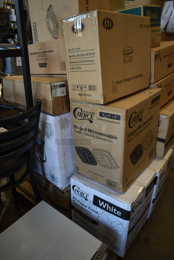 PALLET LOT of 25 BRAND NEW! Boxes Including CC45 EcoTouch 4.5 oz Cone Water Cups, 2 Box 5002CPTE Lavex 2-Ply White Center Pull Economy Paper Towel 510' Roll - 6/Case, 3 Box 500CFT Lavex White C-Fold Standard Weight Towel - 2400/Case, 129MCR24B ChoiceHD 8 oz. Microwavable Translucent Plastic Deli Container - 480/Case, 2 Box 129MCR32B Choice 32 oz. Black Round Microwavable Heavy Weight Container with Lid 7 1/4" - 150/Case, 3 Box 795PTOWHT2  Choice 7 3/4" x 5 1/2" x 2" White Microwavable Folded Paper #2 Take-Out Container - 200/Case, STI-2115 Heart Shape Container. 25 Times Your Bid! - Image 9 of 9