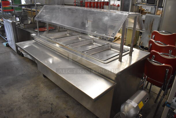 Stainless Steel Commercial Steam Table w/ Poly Sneeze Guard and Shelf on Commercial Casters. 115 Volts, 1 Phase. 72x42x54. Tested and Working!