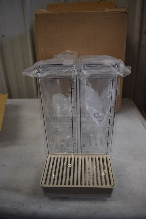 BRAND NEW IN BOX! Lot of 2 Clear Poly Hoppers and Tan Drip Tray. 4x15.5x14, 8x4.5x3