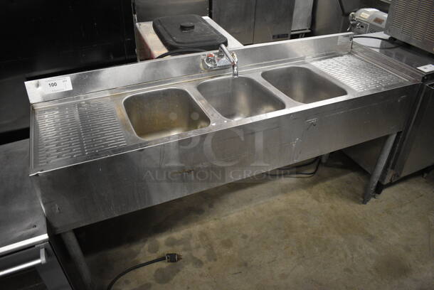 Krowne Stainless Steel Commercial 3 Bay Back Bar Sink w/ Faucet, Handles and Dual Drainboards. 60x18x30. Bays 10x14x9. Drainboards 11x16x1