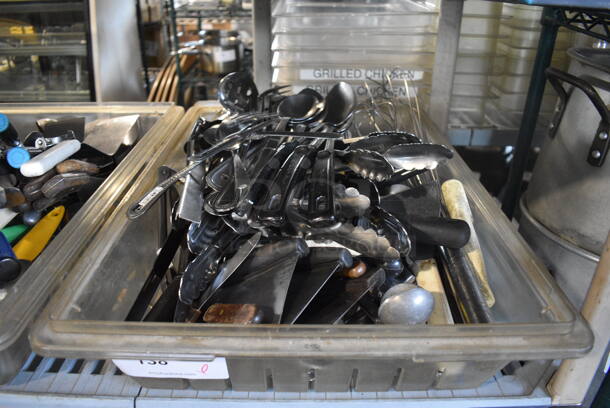 ALL ONE MONEY! Lot of Various Utensils Including Tongs, Serving Spoons and Whisks in Clear Poly Bin!