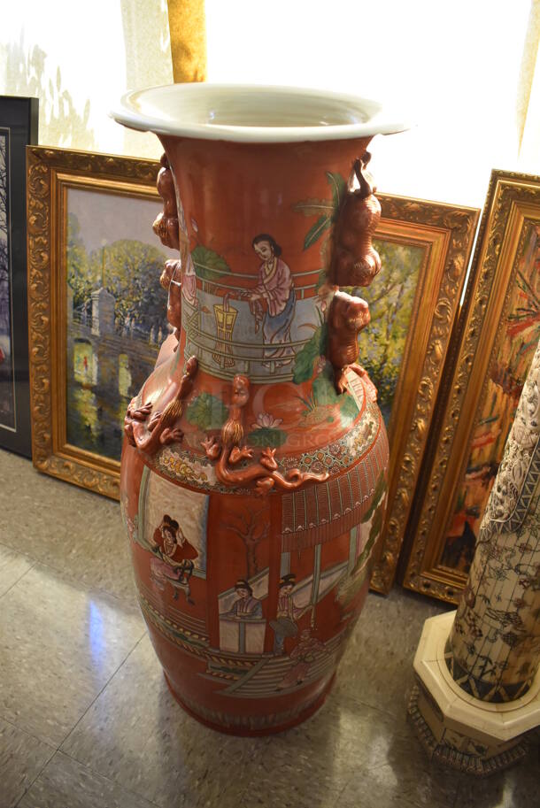 Ornate Asian Style Vase w/ Dragon Motif and Lion Handles. - Image 2 of 8