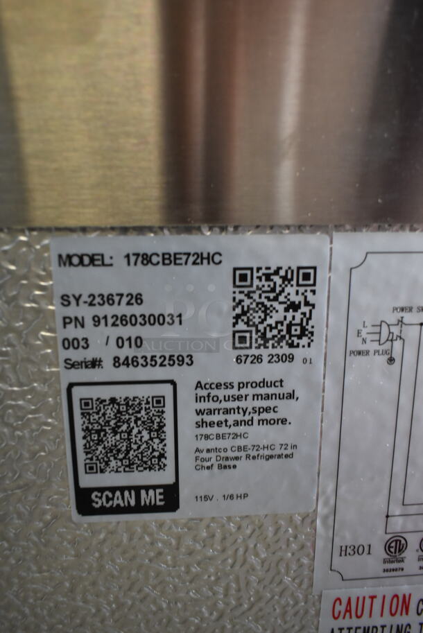 BRAND NEW SCRATCH AND DENT! 2023 Avantco 178CBE72HC Stainless Steel Commercial 4 Drawer Chef Base on Commercial Casters. 115 Volts, 1 Phase. Tested and Working! - Image 9 of 9