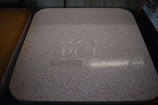 2 White Square Dining Height Table w/ Red and Gray Pattern on Black Metal Base. 30x30x30 - Image 2 of 3