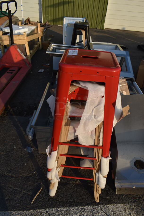 3 BRAND NEW SCRATCH AND DENT! Red Metal Tolix Style Bar Height Stool. 3 Times Your Bid! - Image 3 of 5