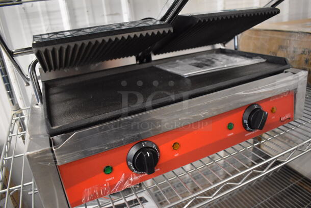 BRAND NEW! Avantco P88SG Stainless Steel Commercial Countertop Double Panini Press Sandwich Grill with Grooved Plates. 120 Volts, 1 Phase. 23x15x8. Tested and Working! - Image 4 of 8