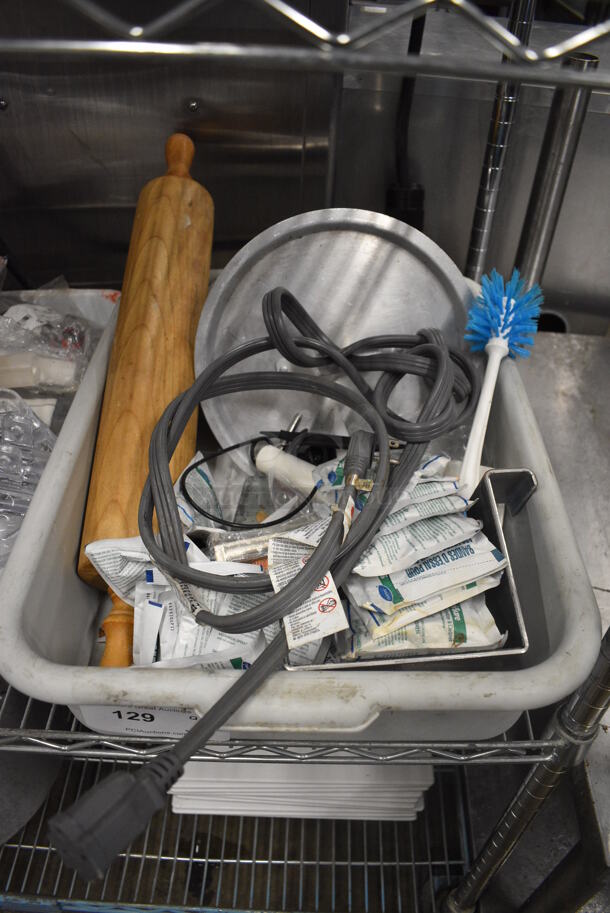 ALL ONE MONEY! Lot of Various Parts Including Rolling Pin, Metal Lids and Wire in Gray Poly Bus Bin! 