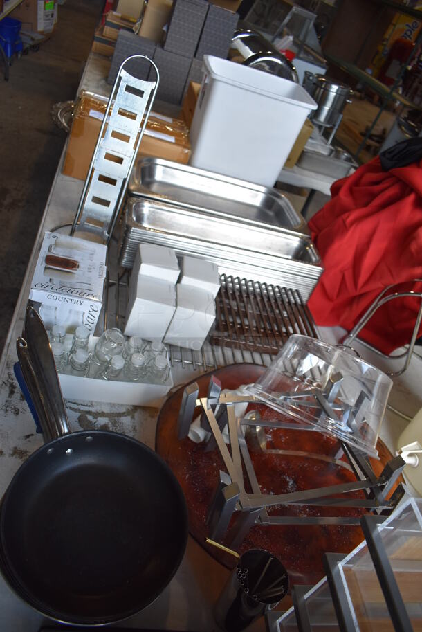 ALL ONE MONEY! Lot of Items on Tabletop Including Metal Bins, Metal Trays, White Poly Trash Can, Tealight Candles, Skillets, Glass Bottles and Glasses - Image 2 of 12