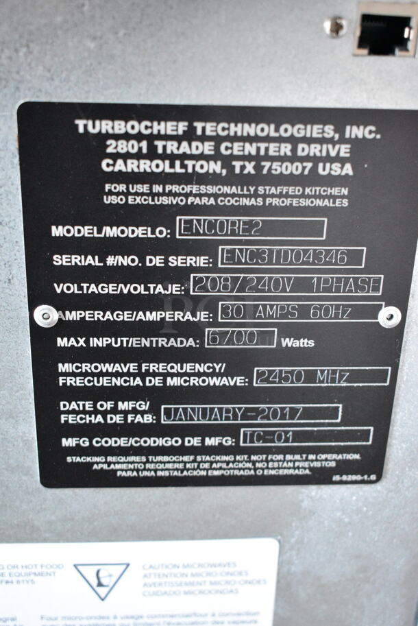 2017 Turbochef Encore 2 Stainless Steel Commercial Countertop Electric Powered Rapid Cook Oven. 208/240 Volts, 1 Phase.  - Image 5 of 5