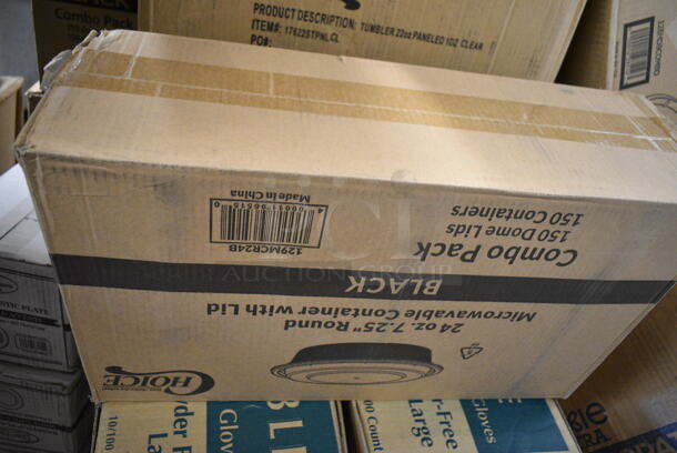 PALLET LOT of 30 BRAND NEW Boxes Including 4 Box 347RPBD6WHGD Visions 6" White Plastic Plate with Gold Bands - 150/Case, 2 Box 129MCR24B Choice 24 oz. Black Round Microwavable Heavy Weight Container with Lid 7 1/4" - 150/Case, Carnival King 32 oz Popcorn Cups, 130HFWH1M Visions White Heavy Weight Plastic Fork - Case of 1000, 129MCR24B Choice 24 oz. Black Round Microwavable Heavy Weight Container with Lid 7 1/4" - 150/Case, 394EN503L Noble Products Powder-Free Disposable Blue Exam Grade Nitrile 4 Mil Thick Textured Gloves - Large - 1000/Case, 394385L Noble Products White Powder-Free Disposable Latex Gloves for Foodservice - Large - 1000/Case, Choice 8 oz Deli Container, 3 Box 34385L Noble Large Gloves, 24 oz Clear Hinged Deli Container, 128HD8COMBO ChoiceHD 8 oz. Microwavable Translucent Plastic Deli Container and Lid Combo Pack - 240/Case, 129MCR24B Choice 24 oz. Black Round Microwavable Heavy Weight Container with Lid 7 1/4" - 150/Case, 553SLB129 Acopa Weave 9" x 6" Oval Natural Woven Plastic Rattan Basket - 12/Case, Dixie 10" Plates. 30 Times Your Bid! - Image 5 of 12