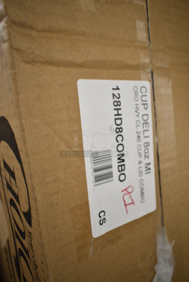 PALLET LOT of 30 BRAND NEW Boxes Including 4 Box 347RPBD6WHGD Visions 6" White Plastic Plate with Gold Bands - 150/Case, 2 Box 129MCR24B Choice 24 oz. Black Round Microwavable Heavy Weight Container with Lid 7 1/4" - 150/Case, Carnival King 32 oz Popcorn Cups, 130HFWH1M Visions White Heavy Weight Plastic Fork - Case of 1000, 129MCR24B Choice 24 oz. Black Round Microwavable Heavy Weight Container with Lid 7 1/4" - 150/Case, 394EN503L Noble Products Powder-Free Disposable Blue Exam Grade Nitrile 4 Mil Thick Textured Gloves - Large - 1000/Case, 394385L Noble Products White Powder-Free Disposable Latex Gloves for Foodservice - Large - 1000/Case, Choice 8 oz Deli Container, 3 Box 34385L Noble Large Gloves, 24 oz Clear Hinged Deli Container, 128HD8COMBO ChoiceHD 8 oz. Microwavable Translucent Plastic Deli Container and Lid Combo Pack - 240/Case, 129MCR24B Choice 24 oz. Black Round Microwavable Heavy Weight Container with Lid 7 1/4" - 150/Case, 553SLB129 Acopa Weave 9" x 6" Oval Natural Woven Plastic Rattan Basket - 12/Case, Dixie 10" Plates. 30 Times Your Bid! - Image 11 of 12