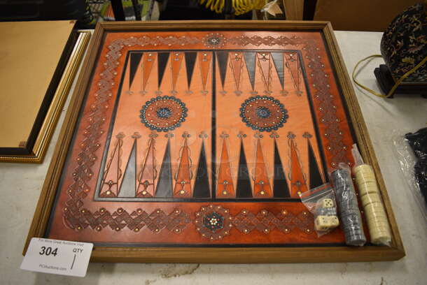 Wooden Framed Backgammon Board w/ Pieces and 5 Dice.