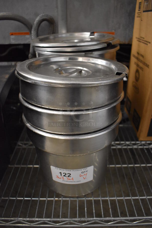 6 Various Stainless Steel Cylindrical Drop In Bins w/ 4 Lids. 9.5x9.5x8, 11.5x11.5x8.5. 6 Times Your Bid!