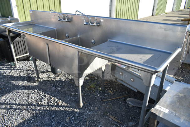 Stainless Steel Commercial 2 Bay Sink w/ Garbage Disposal, Dual Drain Boards, 2 Faucets and 2 Handles.  - Image 1 of 8