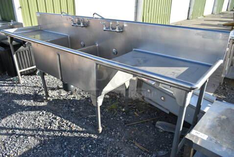 Stainless Steel Commercial 2 Bay Sink w/ Garbage Disposal, Dual Drain Boards, 2 Faucets and 2 Handles. 