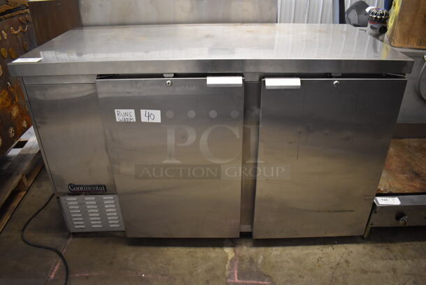 Continental BBC59-SS Stainless Steel Commercial 2 Door Undercounter Cooler. 115 Volts, 1 Phase. 59x27x37. Tested and Powers On But Does Not Get Cold