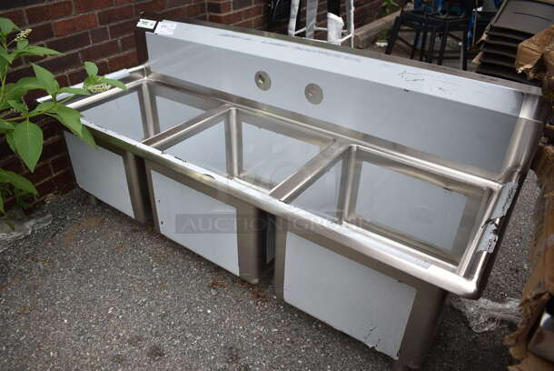 BRAND NEW SCRATCH AND DENT! Regency 600S31717 60" 16 Gauge Stainless Steel Three-Compartment Commercial Sink with Galvanized Steel Legs - 17" x 17" x 12" Bowls. No Legs.  - Image 2 of 7