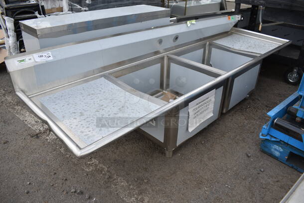 BRAND NEW SCRATCH AND DENT! Regency 600S22424224 98" 16 Gauge Stainless Steel Two Compartment Commercial Sink with Galvanized Steel Legs and 2 Drainboards - 24" x 24" x 14" Bowls.  - Image 2 of 9