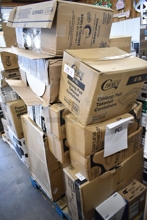 PALLET LOT of 20 BRAND NEW Boxes Including 5 Box Large Noble Gloves, 21485-50 2-1/4"x85' Thermal Paper Rolls, Bakers Mark Dough Box Dolly, 2 Box 500LFLAT32 Choice Clear Plastic Flat Lid with Straw Slot - 32 oz. - 500/Case, 612OB4LB Choice 4 lb. Oblong Foil Take-Out Container - 250/Case, Dart 12BWWCR Concorde 10-12 oz. White Non-Laminated Round Foam Bowl - 1000/Case, 795PTOBK3 Choice 7 3/4" x 5 1/2" x 2 1/2" Black Microwavable Folded Paper #3 Take-Out Container - 200/Case, Tellus 43347. 20 Times Your Bid! - Image 1 of 12