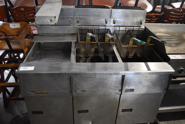 Pitco Frialator Stainless Steel Commercial Natural Gas Powered 2 Bay Deep Fat Fryer w/ Left Side Dumping Station and 4 Metal Fry Baskets on Commercial Casters. 110,000 BTU. 47x34.5x50 - Image 2 of 11