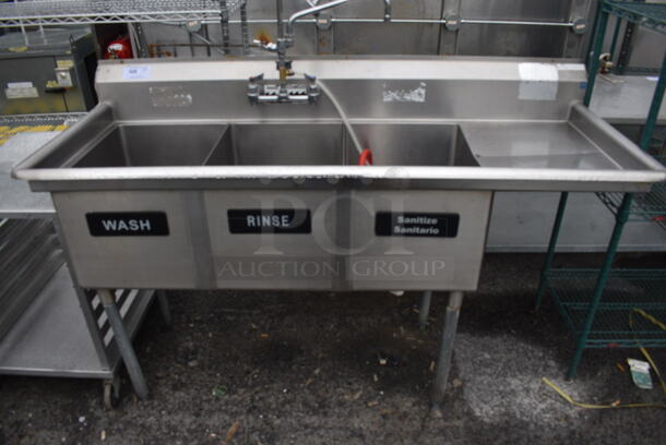 Stainless Steel 3 Bay Sink w/ Right Side Drainboard and Handles. 69x27x43. Bays 16x22x14. Drainboard 16x23x2