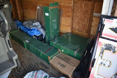 ALL ONE MONEY! Lot of Various Items Including Wooden Boxes of Metal Rods and Glasses. BUYER MUST REMOVE. (shed #3)