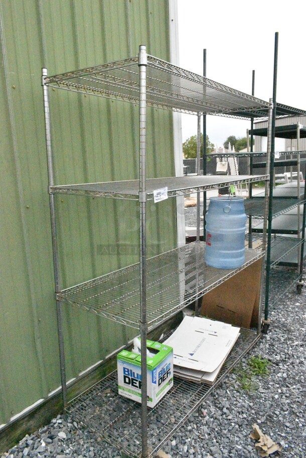 Chrome Finish 4 Tier Wire Shelving Unit w/ Contents including Ice Bucket. BUYER MUST DISMANTLE. PCI CANNOT DISMANTLE FOR SHIPPING. PLEASE CONSIDER FREIGHT CHARGES. - Image 1 of 7