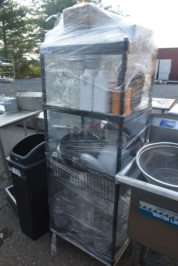 Metal 4 Tier Wire Shelving Unit w/ Contents Including Poly Pitchers. BUYER MUST DISMANTLE. PCI CANNOT DISMANTLE FOR SHIPPING. PLEASE CONSIDER FREIGHT CHARGES. - Image 2 of 6