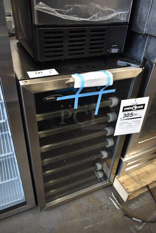 BRAND NEW SCRATCH AND DENT! Danby Designer Series DWC458BLS 20 Inch Wine Cellar with 45 Bottle Capacity, 7 Slide-Out Wooden Racks, Blue LED Lighting and Tempered Glass Door. 115 Volts, 1 Phase. Tested and Working! - Image 2 of 6