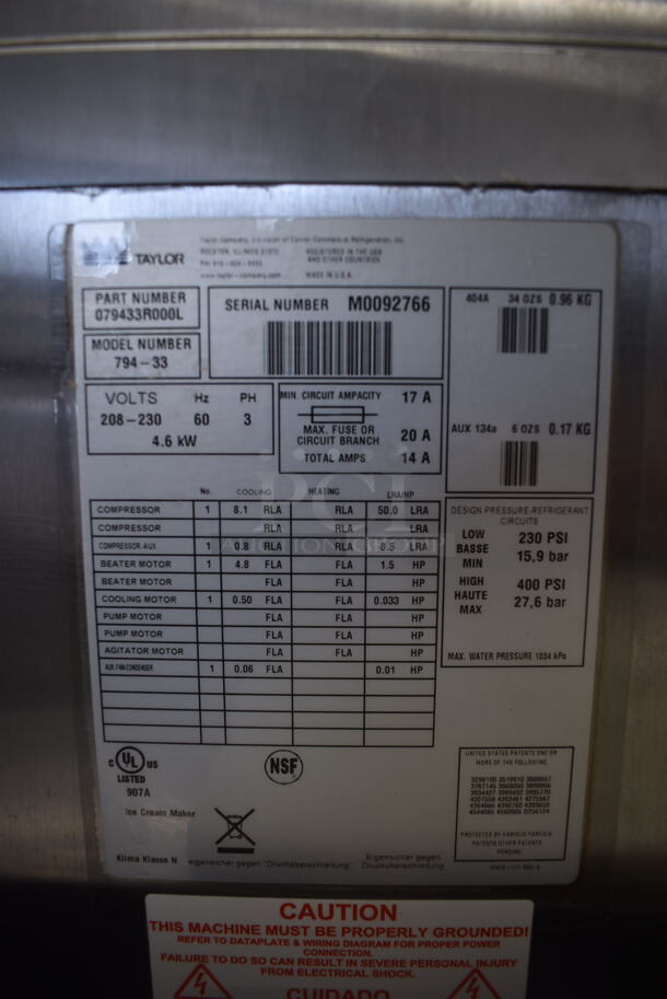 2010 Taylor 794-33 Commercial Stainless Steel Soft Serve Water Cooled Ice Cream Machine With 2 Hoppers On Commercial Casters. 208-230V, 3 Phase.  - Image 5 of 6
