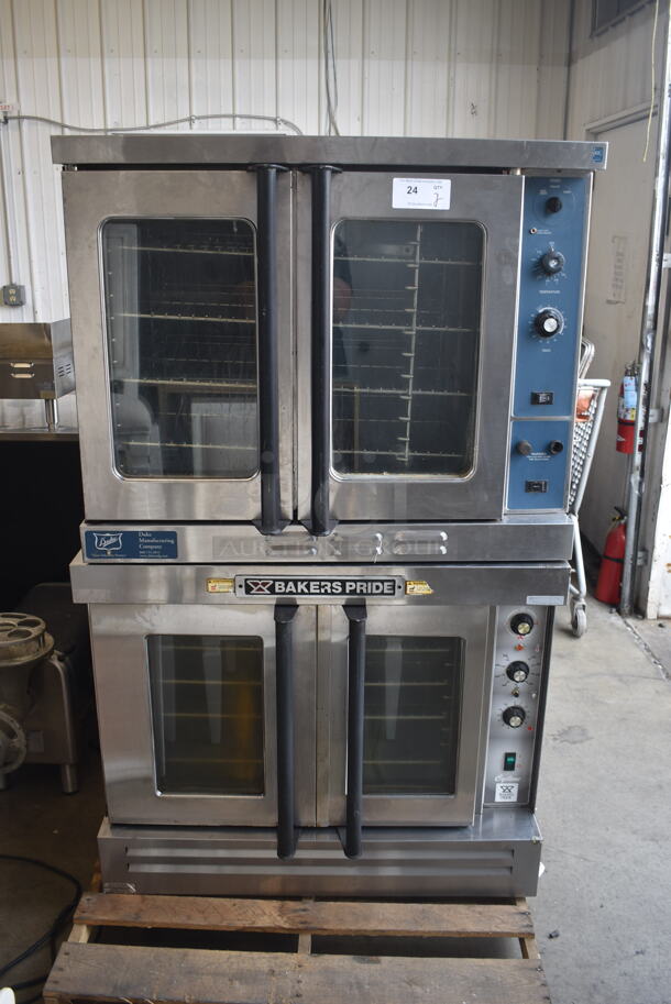 2 Baker's Pride And Duke Commercial Stainless Steel Double Deck Convection Ovens With Steel Racks. Baker's Pride is Natural Gas and Duke is Electric Powered. 2 Times Your Bid! 