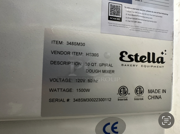 BRAND NEW SCRATCH AND DENT! Estella 348SM30 Metal Commercial 30 Quart Spiral Dough Mixer w/ Stainless Steel Mixing Bowl, Bowl Guard and Dough Hook Attachment. 120 Volts, 1 Phase. Tested and Working! - Image 8 of 8