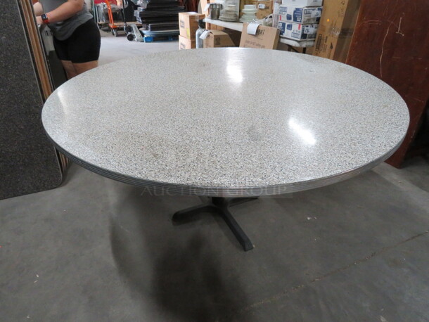 One Round Grey Laminate Table Top With Chrome Trim, On A Pedestal Base. 60X60X30