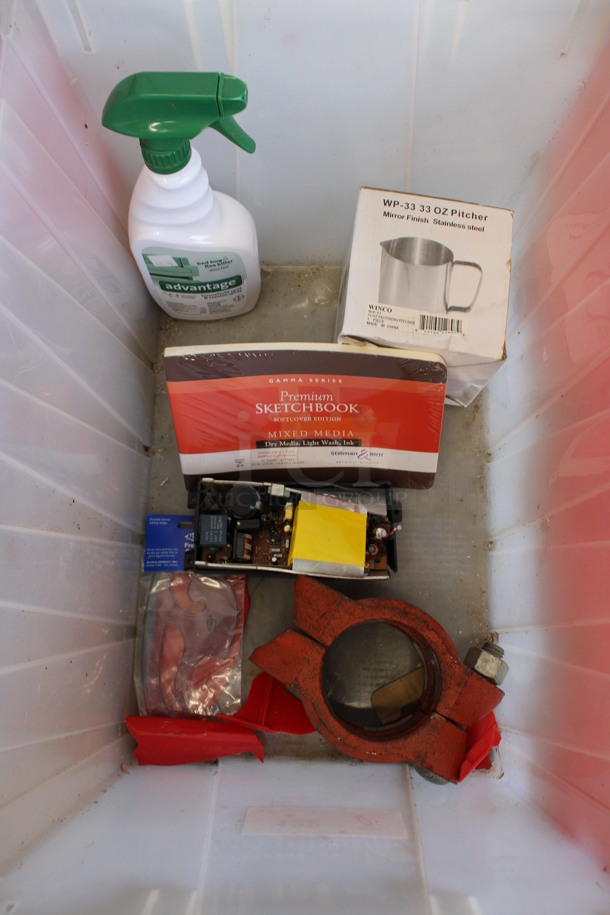 ALL ONE MONEY! Lot of Various Items Including Winco Stainless Steel Pitcher, Advantage Bed Bug Flea Killer in Clear Bin!