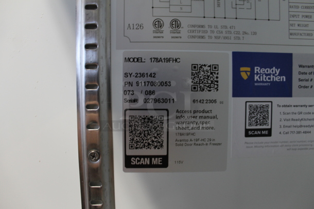 BRAND NEW SCRATCH AND DENT! 2023 Avantco 178A19FHC Stainless Steel Commercial Single Door Reach In Freezer w/ Poly Coated Racks. 115 Volts, 1 Phase. Tested and Working! - Image 4 of 5