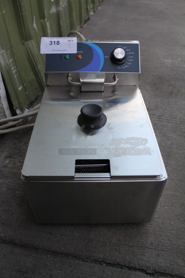 BRAND NEW SCRATCH AND DENT! 2023 Hoocoo FRY-10L Stainless Steel Commercial Countertop Electric Powered Deep Fat Fryer w/ Metal Basket and Lid. 120 Volts, 1 Phase. - Image 1 of 3