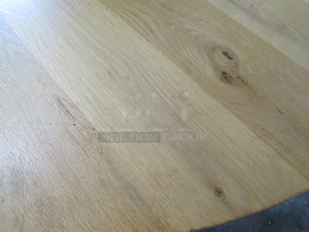 One 2 Inch Thick Solid Wooden Half Circle  Table Top On A Dual Pedestal Base. 30.5X57X30 - Image 2 of 2