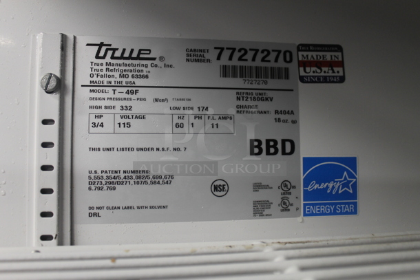2013 True T-49F ENERGY STAR Stainless Steel Commercial 2 Door Reach In Freezer w/ Poly Coated Racks on Commercial Casters. 115 Volts, 1 Phase. Tested and Working! - Image 5 of 6