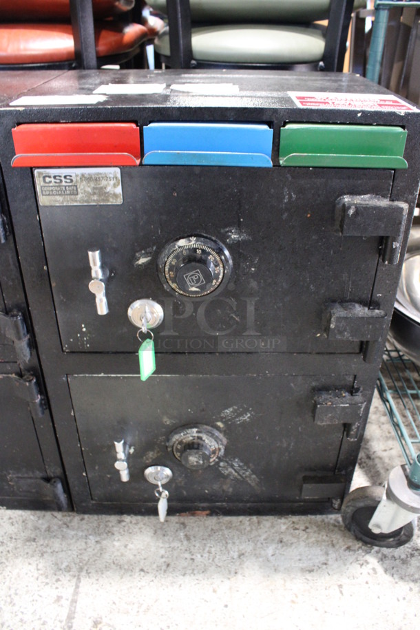 Corporate Safe Specialists Black Metal 2 Compartment Safe. Comes w/ 2 Combinations - Cannot Verify That The Combinations Are Accurate. 20x16x28 - Image 1 of 4